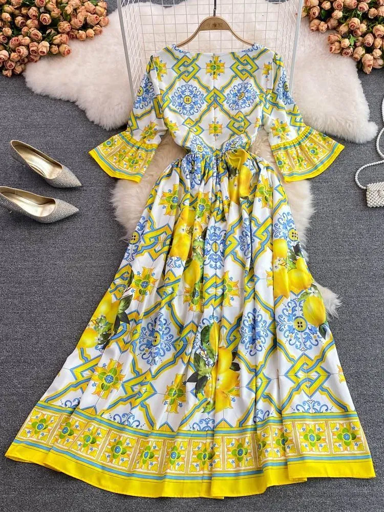 Basic Casual Dresses Autumn Runway Dress Women's Bohemian Yellow Lemon Print Blue and White Porcelain Sparkling Sleeves Long Sleeve Party Dress 230727