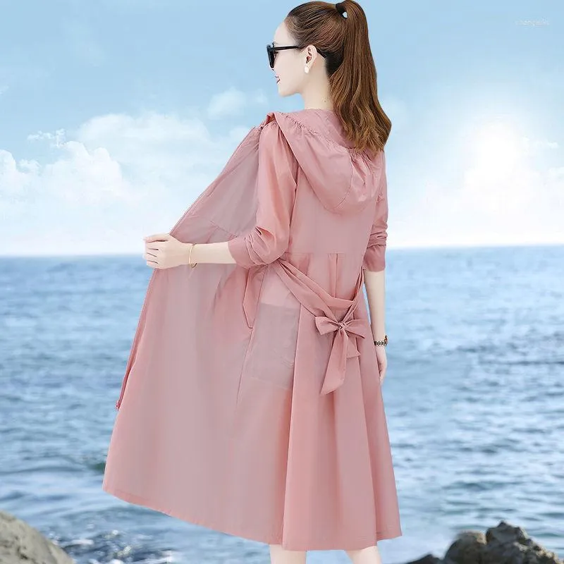Lightweight Chiffon Sun Protection Trench Coat Women's Summer Cardigan  Jacket, Long Ice Thin Sunscreen Shirt, Hooded Fashion Outerwear