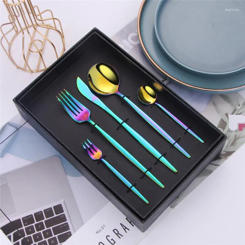 Dinnerware Sets 20Pcs/Set Colorful Stainless Steel Tableware Knifes Forks Spoons Flatware Set Cutlery Bright Light Eco Friendly