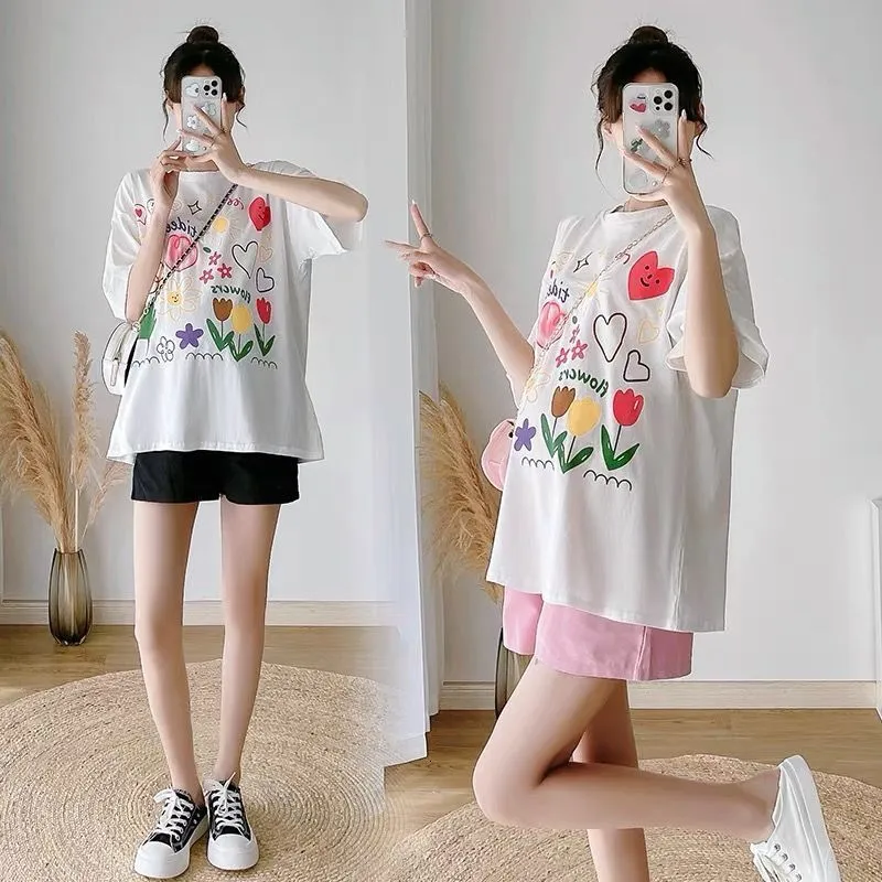 Sleep Lounge Pregnant Womens Summer Clothing Suit Short Sleeve White Tshirtpink Shorts 2Pcs Printed Casual Loose Maternity Clothes Set 230728