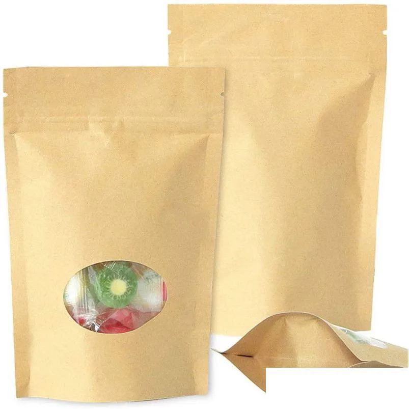Förpackningsväskor 100st/Lot Kraft Paper återanvändbar tätning Matpåsar Stand-up Fruit Tea Presentpaket med transparent fönsterdroppe levererar otia9