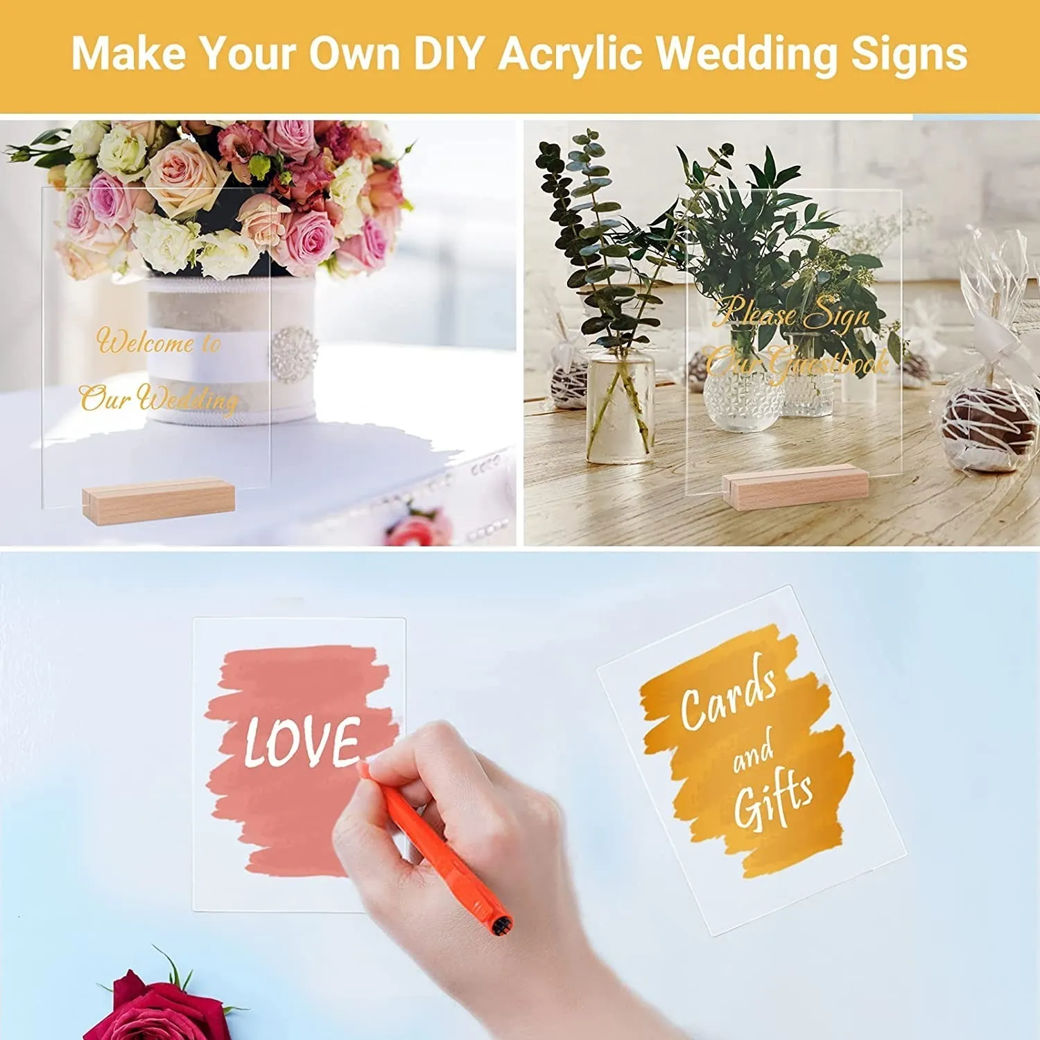 Autres Fournitures De Fête Dévénement 10/20 Pack Feuille Acrylique  Transparente Avec Support En Bois Panneau De Mariage Acrylique Vierge Avec  Support DIY Carte De Table Acrylique Banquet De Mariage 230728 Du 26,31 €