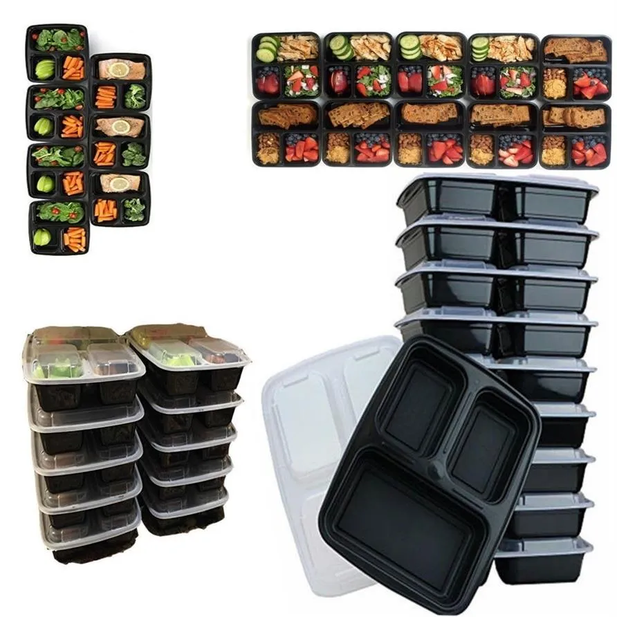 10st Meal Prep Behållare Plastmatlagring Återanvändbar mikrovågsbar 3 -fack Matbehållare med lock Mikrovågbart Y1116292N