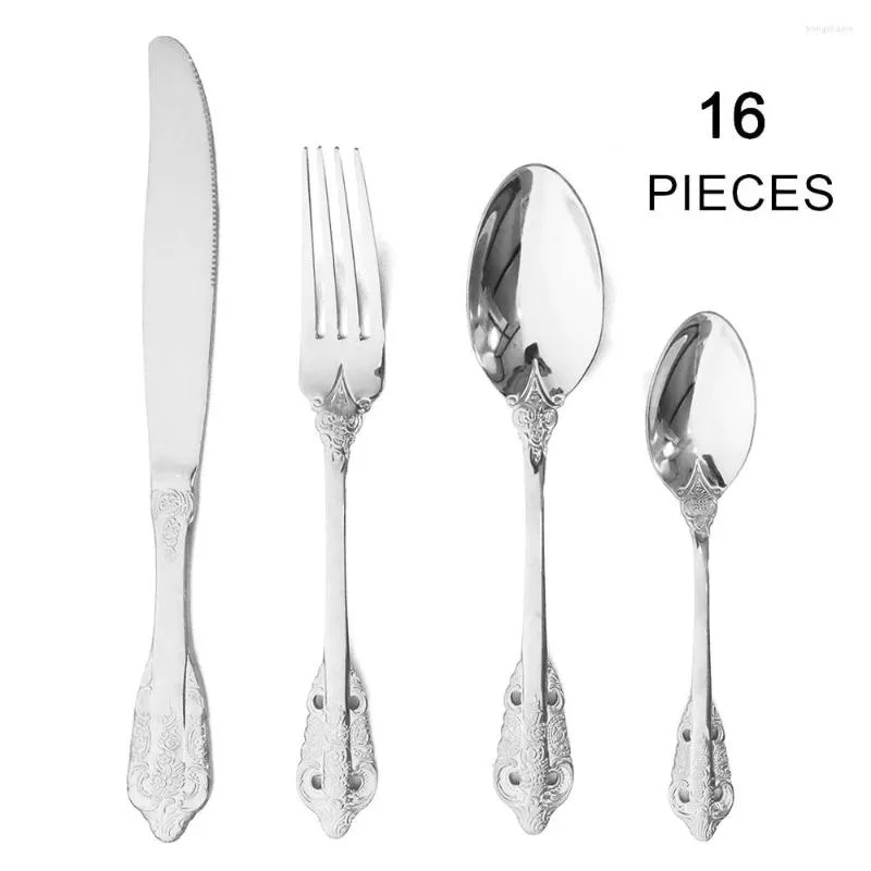 Servis uppsättningar 16st Silverware Set 304 rostfritt stål bestick västerländsk lyxig vintage matsal gaffel gaffel bordsartiklar