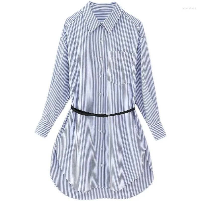 Casual Dresses SuperAen Europe Women 2023 Fashion Belt Striped Long Dress Sleeve Shirt