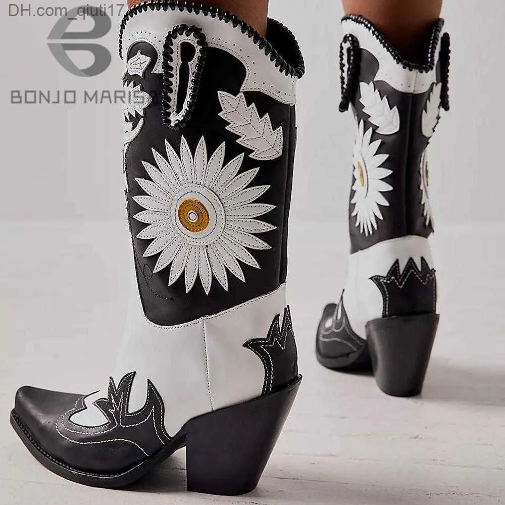 ブーツ女性のデニム花柄の足首ブーツPUレザー刺繍ハイヒールズ女性デニムシューズウエスタンデザイナーシューズ43 Z230728