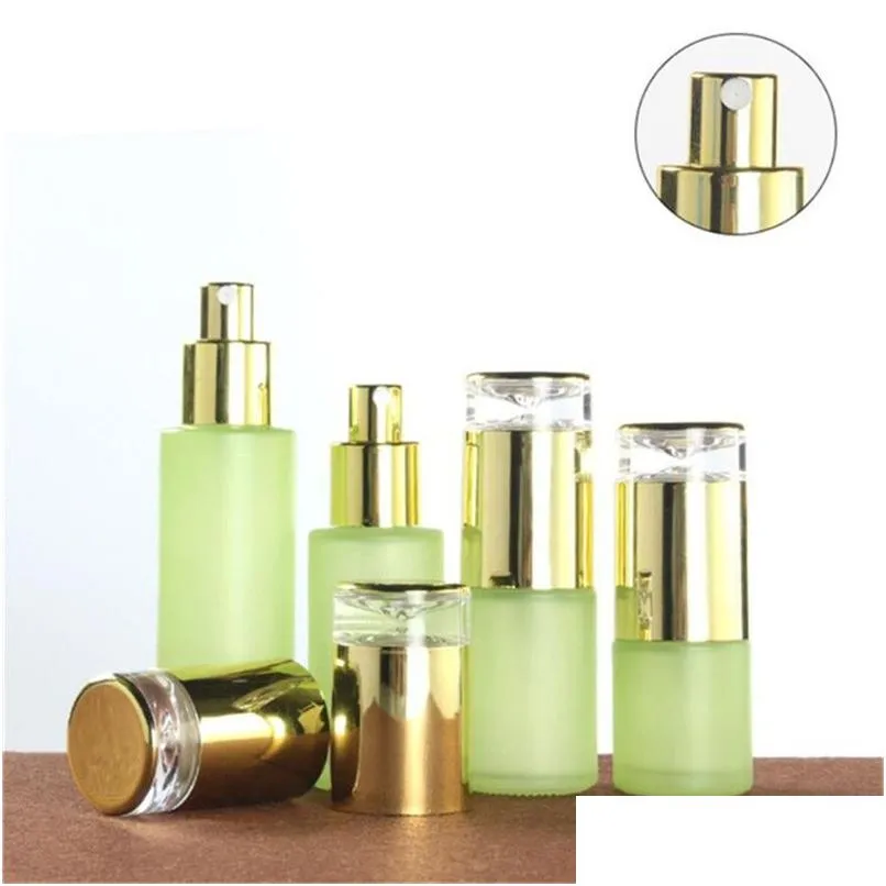 Förpackningsflaskor Frosted Green Glass Bottle Cosmetic Cream Jar Packaging med plastlock Tom spraylotion 20 ml 30 ml 40 ml 60 ml 80 ml 1 OTQDQ