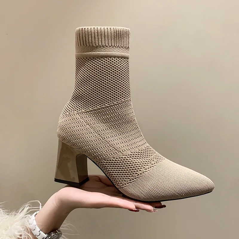 Laarzen Sok Laarzen Vrouwen Puntschoen Hoge Hakken Stretch Stof Bottes Femme Brethable Streep Breien Enkellaarsjes 230727