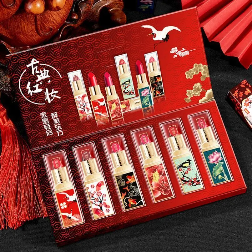 Rouge à lèvres 6pcs / set Rouge à lèvres de style chinois Coffret cadeau Coffret durable Hydratant Nourrissant rouge Rouge à lèvres Cosmétiques femmes beauté maquillage ensemble 230727