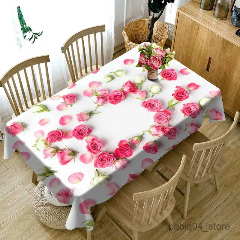 Table Cloth WindmillRed Rose Flower Pattern Table Cloth Wedding Decoration Rectangular Kitchen Table Cover Home Party Decor Table R230819