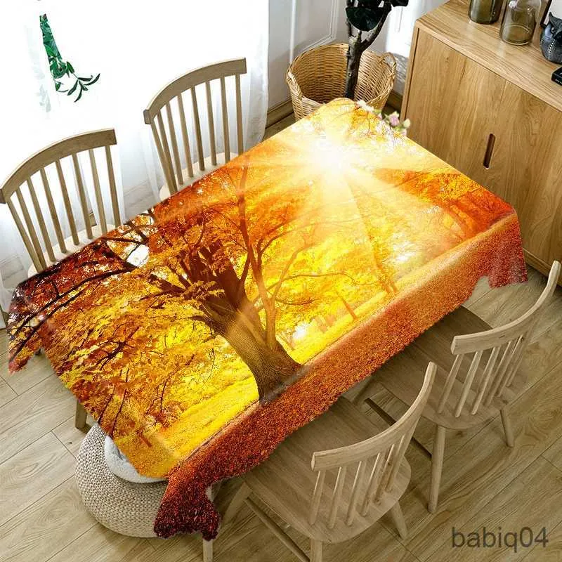 Bordduk 3D Maple Leaf Landscape Sunset Forest Tabelduk Dammtät rektangulär bordsduk för bröllopsdekorationsbord Täck R230726