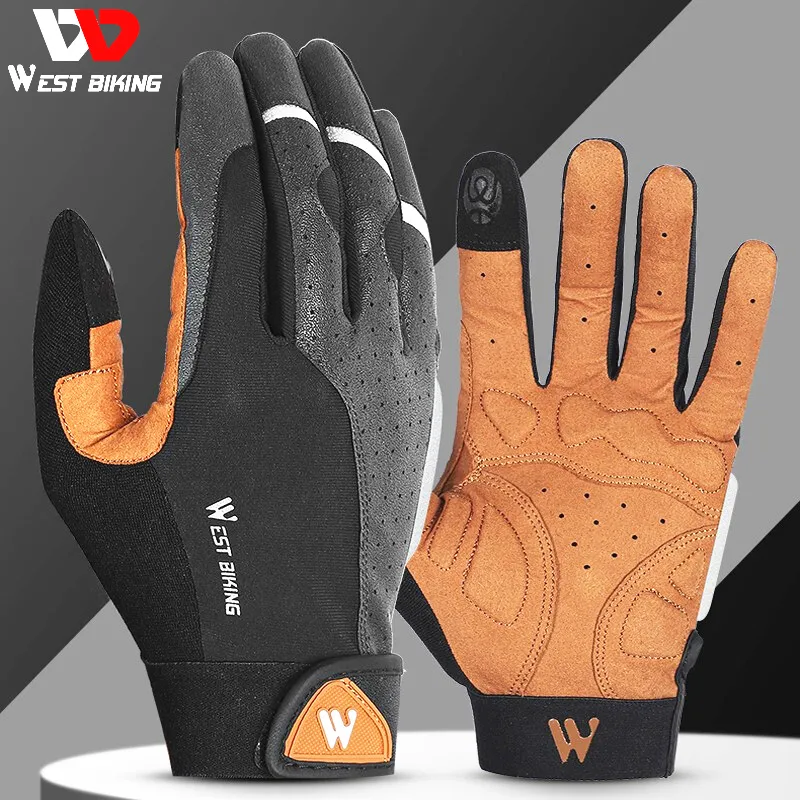 Cycling Gloves WEST BIKING Spring Autumn Cycling Gloves Full Finger Touch Screen Bike Shock Absorbing Gloves PU Leather Non-Slip Fitness Gloves 230727