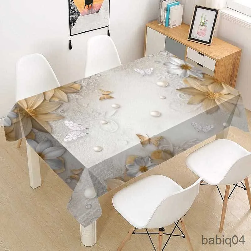 テーブルクロス3Dと花のテーブルクロスファブリックスクエア/長方形のダストプルーフテーブルカバーパーティーホーム装飾テレビカバーR230726