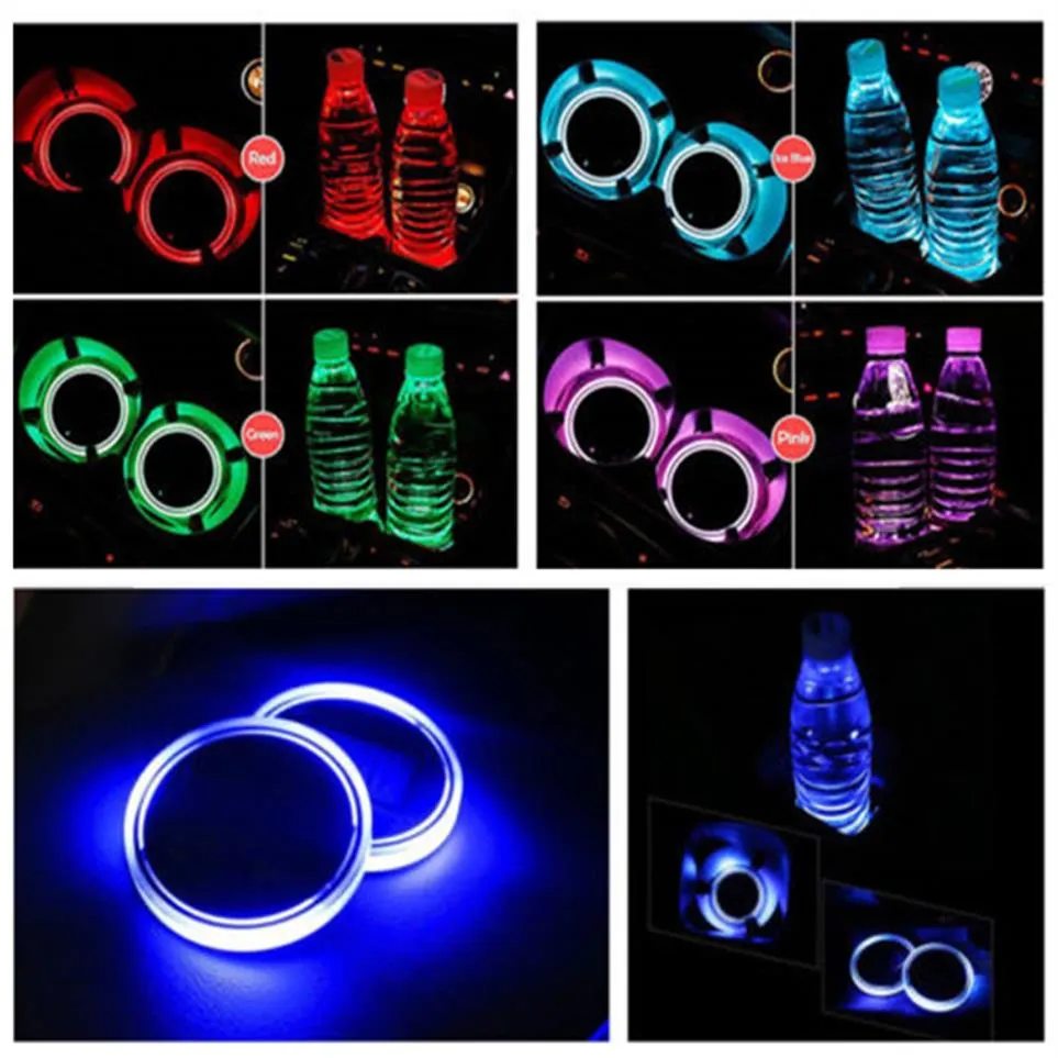 2X Car LED Light Cup Holder Automotive Interior USB Colorful Atmosphere Lights Lamp Drink Holder Anti-Slip Mat Auto Products315L