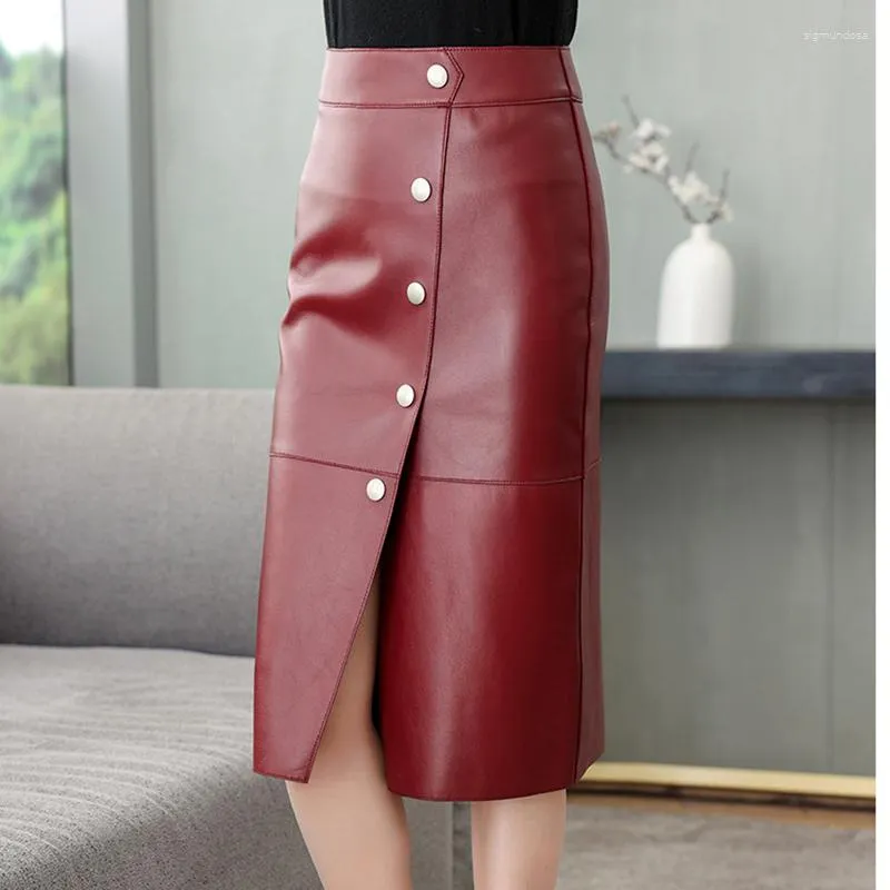 Spódnice Elegancka intelektualna mujer czerwone wino Lange Rok Met Split Women Sheepskin Skórzane metalowe metalowe guziki Wrap