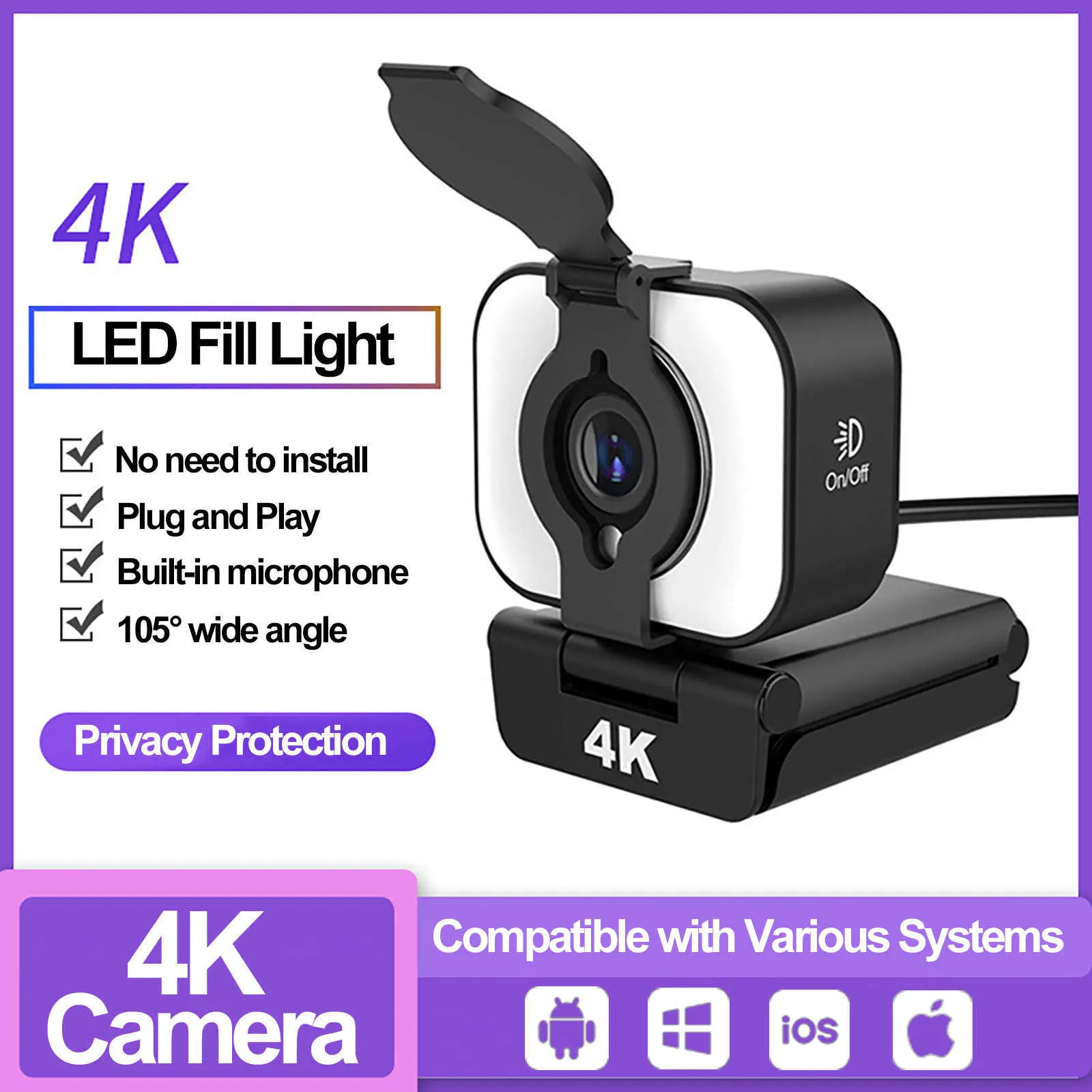 Webcam Webcam 4K Full Mini Camera con microfono Protezione privacy Cover Web per PC portatile Streaming live