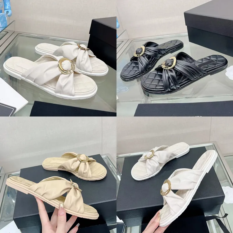 2023 Designer Luxo Pure Color Slides Chinelos Mulheres Genuínas Couro Cross Strap Carta Fivela Redonda Sandália Senhora Moda Casual Flat Flip-Flops Slipper