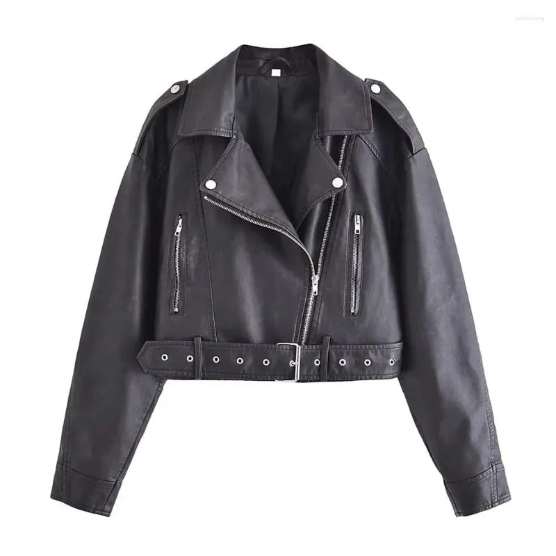 Femmes en cuir Vintage lâche Faux Pu vestes femmes avec ceinture fermeture éclair rétro Moto Biker manteau femme Outwear noir veste courte Streetwear