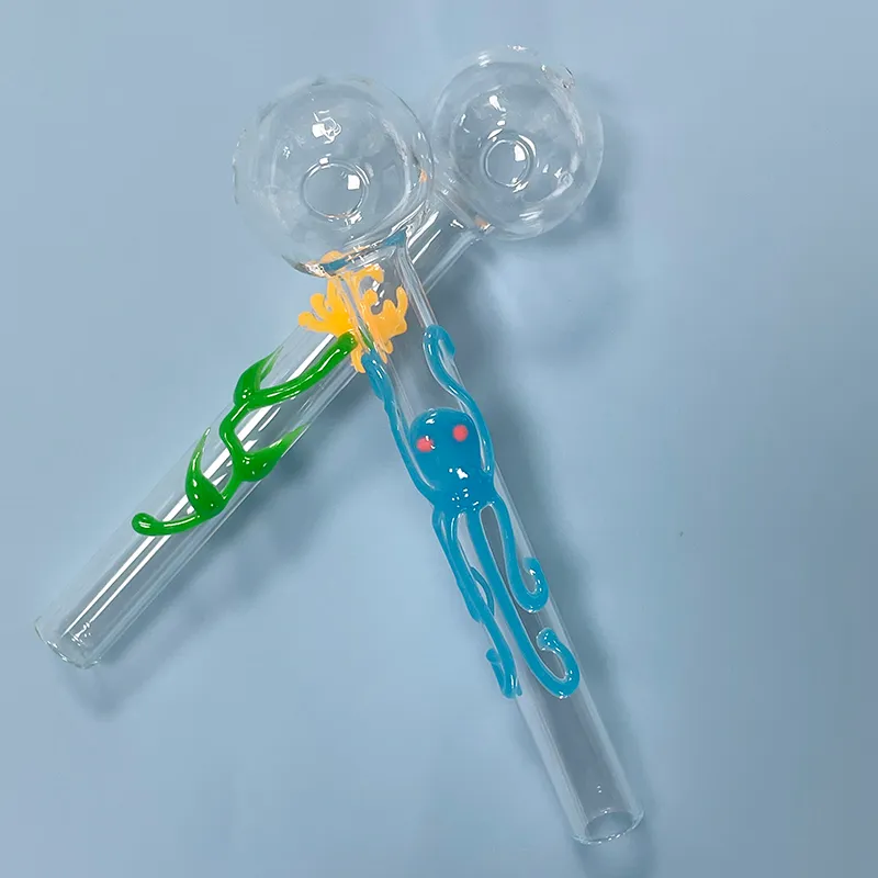 QuartzPro Glow In The Dark Vetro spesso Bruciatore a nafta Tubo fumo Fumo a mano Gorgogliatore con immagine di polpo con ciotola la testa da 3 cm