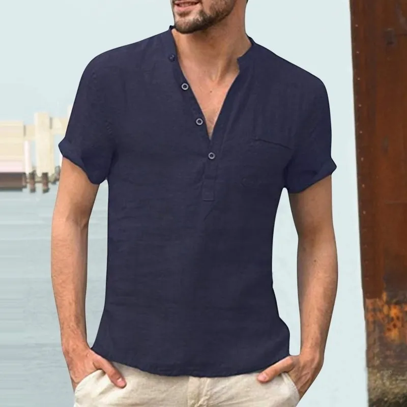 Männer Casual Hemden Männer Leinen T-shirt Sommer Mode Taste V-ausschnitt Kurzarm T Tops Männlich Einfarbig Patch Tasche T Streetwear 230726