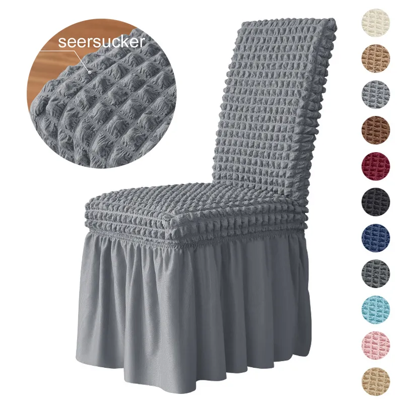 Housses de chaise 3D Seersucker Housse de chaise Jupe longue Housses de chaise pour salle à manger Mariage el Banquet Stretch Spandex Home Decor Dossier haut 230727