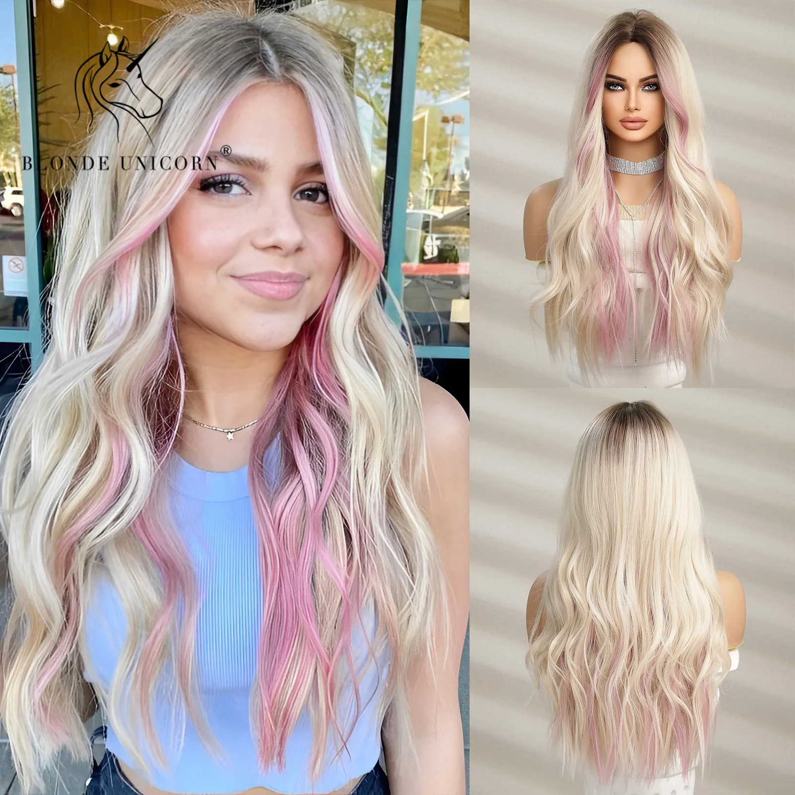 Cosplaypruiken Blond Eenhoorn Synthetisch Ombre Bruin Gemengd Roze Blond Lang golvend Pruiken met pony Cosplay Feest Gebruik Hittebestendige vezel voor vrouwen 230727