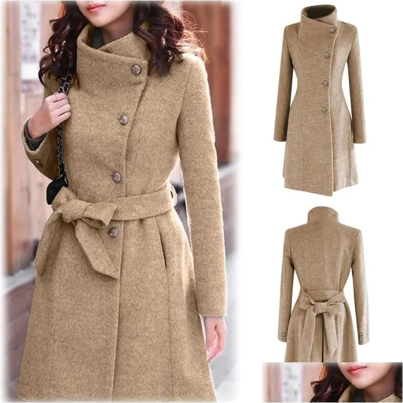 Women'S Wool Blends Womens Winter Lapel Coat Trench Jacket Long Sleeve Overcoat Outwear Abrigos Mujer Invierno Camel Plus Size Drop Dhc4T