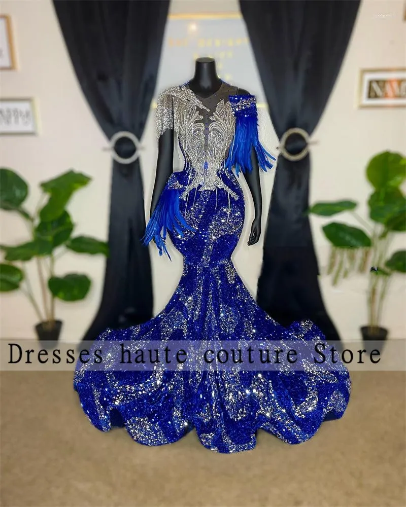 Feestjurken Luxe Sparkly Royal Blue Mermaid Prom 2023 Beads Crystal Feather Tassles Dress Formele Avond