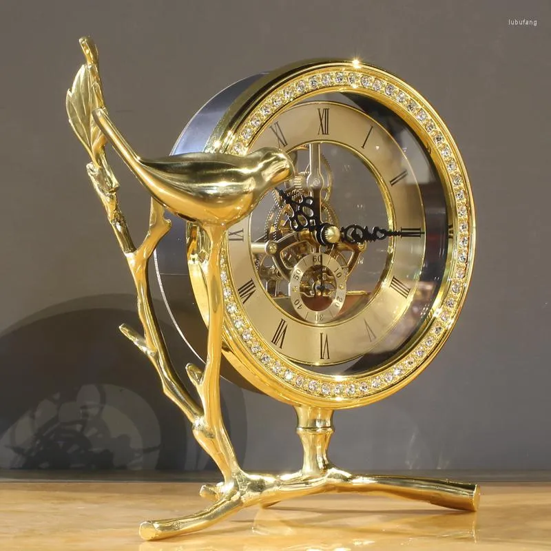Horloges de table haut de gamme pur cuivre oiseau feuille mouvement Transparent salon horloge lumière luxe américain Style nordique assis