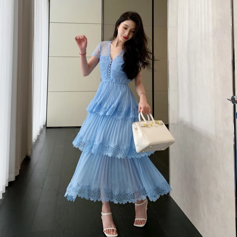 self portrait blue chiffon tiered midi dress Blue Metallic Tiered Midi Dress self-portrait-US
