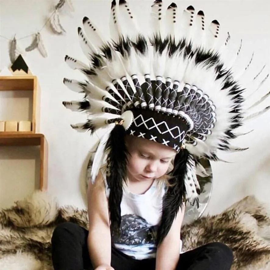 Enfant bébé casquette Style indien plume bandeau coiffure fête décoration Po Prop maison décoratif hommes chapeau Y200903296N