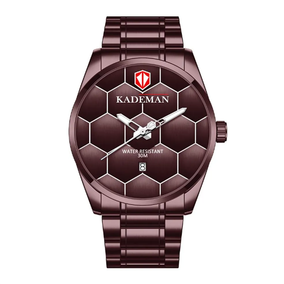 Kademan Brand High Defition Luminous Mens Watch Quartz Calender Watches Simple Football Texture Stainless Steel Band WRI256G