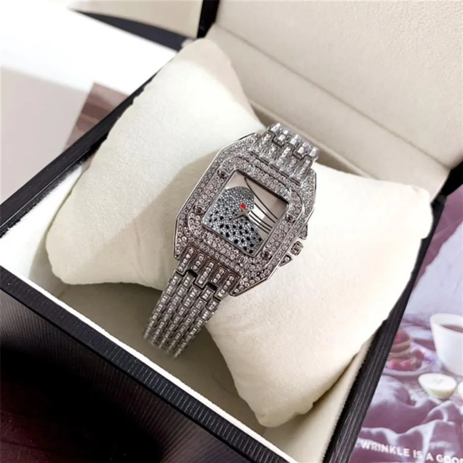 Fashion Brand good quality beautiful women's Girl leopard crystal square style dial stainless steel band Quartz wrist Watch C288k