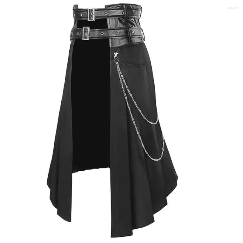 Men's Pants Punk Pleated Skirt Open Front Gothic Leather Belt Medieval Roman Warrior Kilt Metal Chian Harujuku Stylish Clothing