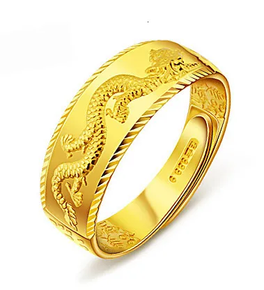 Bröllopsringar 24K Men's Gold Ring Luxury Carved Dragon Justerbar Ring Fashion Jewelry Men's Two Tone Yellow/White Gold Finger Ring Gift 230727