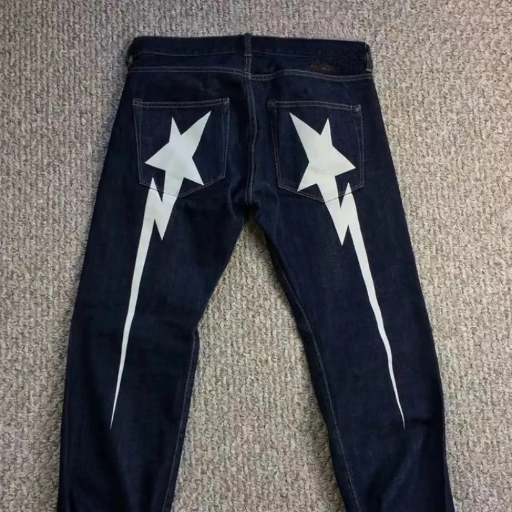 Mens Jeans Y2k Star Graphic Print Baggy Denim Pants Harajuku