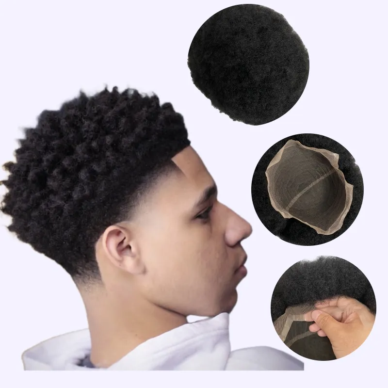 Sostituzione dei capelli umani vergini europei # 1 Jet Black 4mm Radice Afro Toupee 8x10 Unità complete di pizzo francese Parrucche maschili per uomini neri