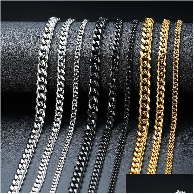 Chains Cuban Chain Necklace For Men Women Basic Punk Stainless Steel Curb Link Chokers Vintage Gold Tone Solid Metal Collar Drop Del Dh7Sk