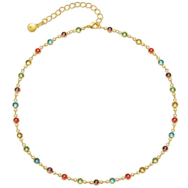 collana Vendita diretta in fabbrica Collana in vero oro 18K placcato in rame con design in zirconi colorati e lunghezza regolabile, collana in stile etnico