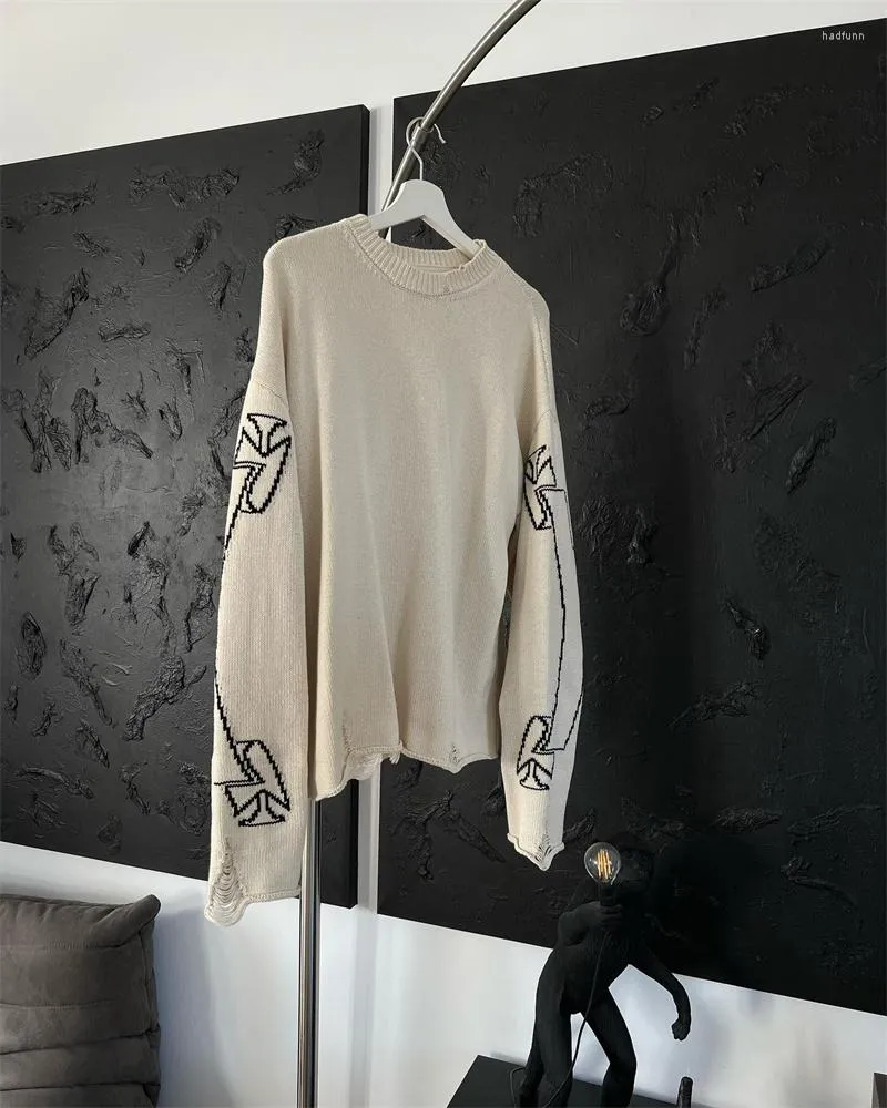 Herrtröjor trasiga hål design stickade tröja män kvinnor hög kvalitet vinter förtjockad lös pullover par rund nacke tröja