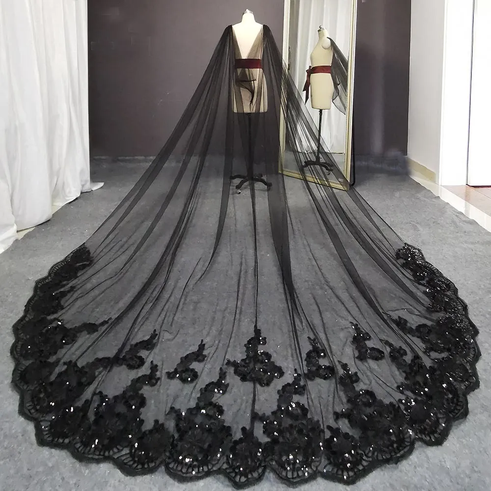 Wedding Hair Jewelry Real Pos Black Long Wedding Boleros Bling Sequins Lace Cathedral Bridal Cape Bolero Mariage Wedding Accessories Shoulder Veil 230727