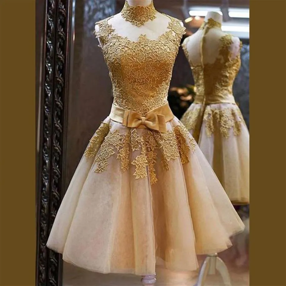 2018 Elegant Homecoming Dresses For Teens High Neck Sheer Neck With Gold Applique Short Prom Dresses Tiered With Bow Sash Cocktail293y