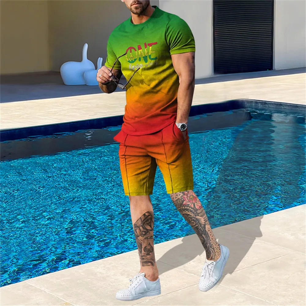 Tute da uomo Summer Beach Cool Set 3D stampato colorato girocollo manica corta pantaloncini casual quotidiano due pezzi moda abbigliamento 230727