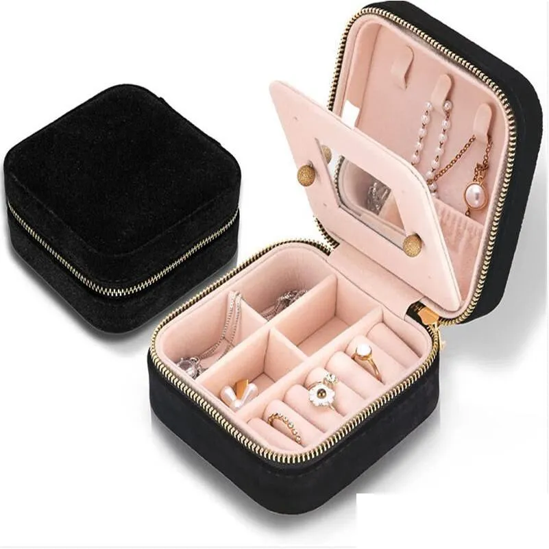 Sieradendoosjes Veet Reisdoos Dubbellaags Display Organizer Ringen Oorbellen Kettingen Armbanden Etui Verpakking Met Spiegel Drop Delive Otzdn