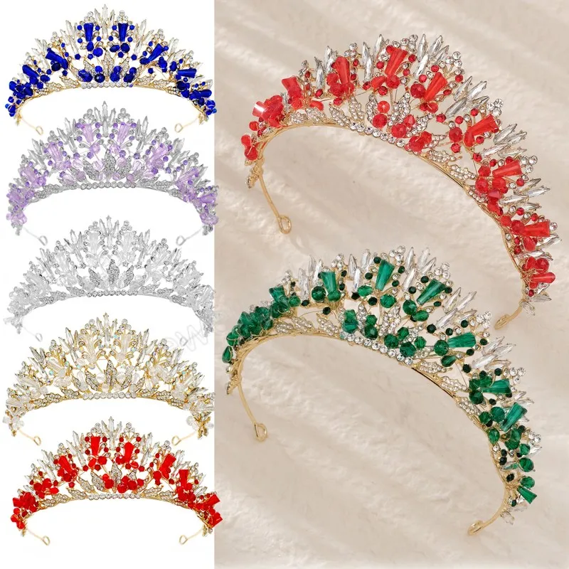 6 Colors Luxury Handmade Crystal Beads Tiara For Women Girls Wedding Party Bridal Bride Princess Crown Hair Jewelry