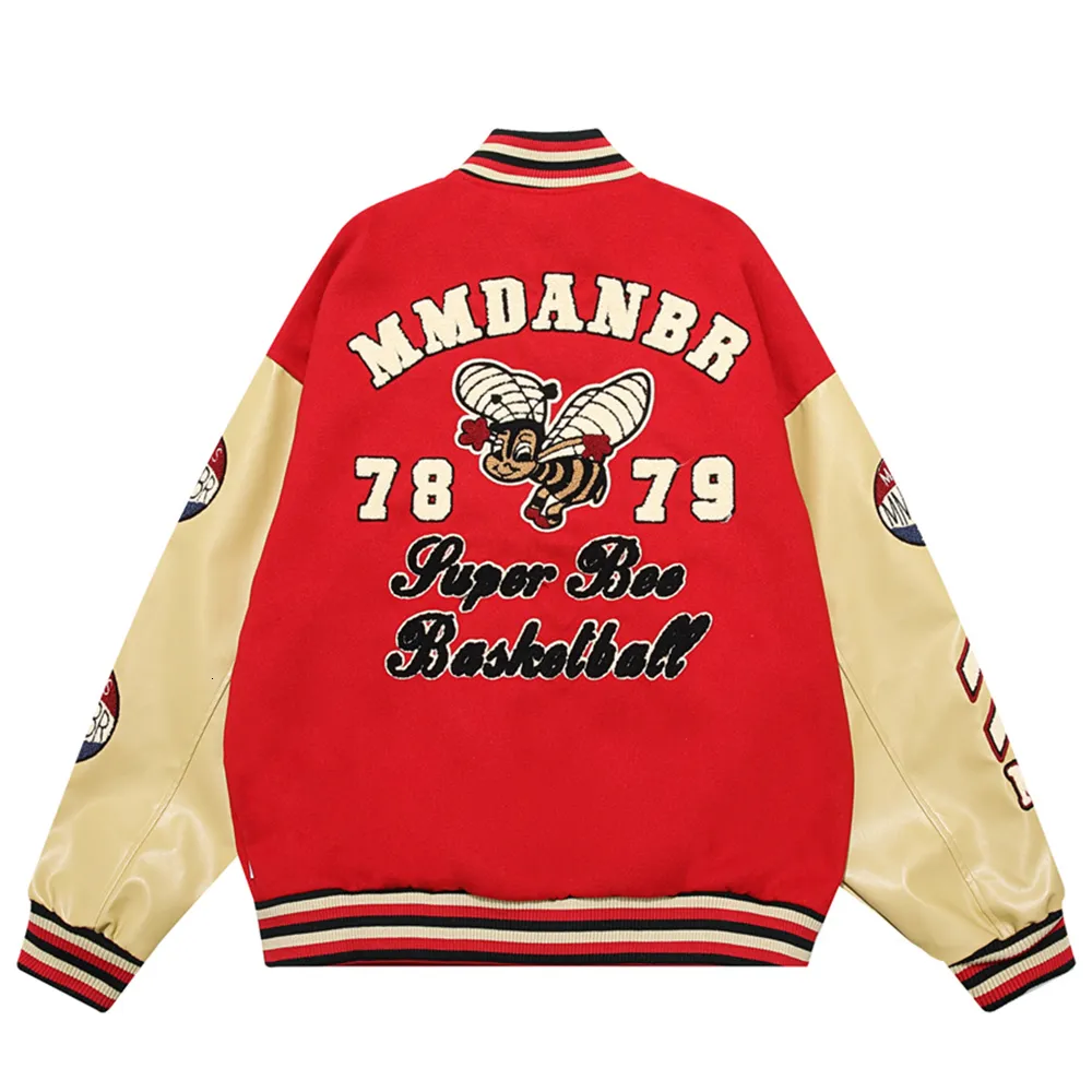 Mens Jackets Towel Embroidery Leather Sleeve Men Women Baseball Jacket Autumn Street Fashion Black Red 230727