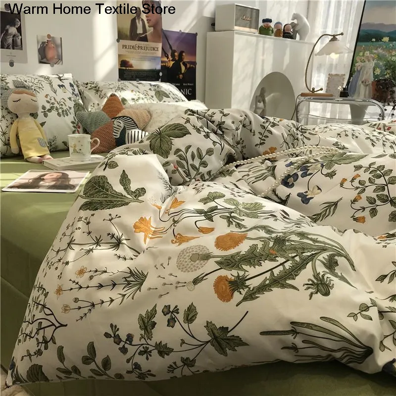 Sängkläder sätter europeiska ins blommor borstade hemuppsättningar enkelt mjukt täcke med ark med blad täcker kuddar sängkläder 230727
