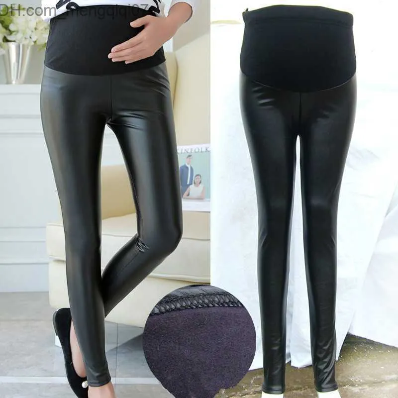 Maternity Bottoms YWHUANSEN PU Leather Pregnant Women's Legs Autumn and Winter Warm Pants with Thin Velvet Adjustable High Waist Z230728