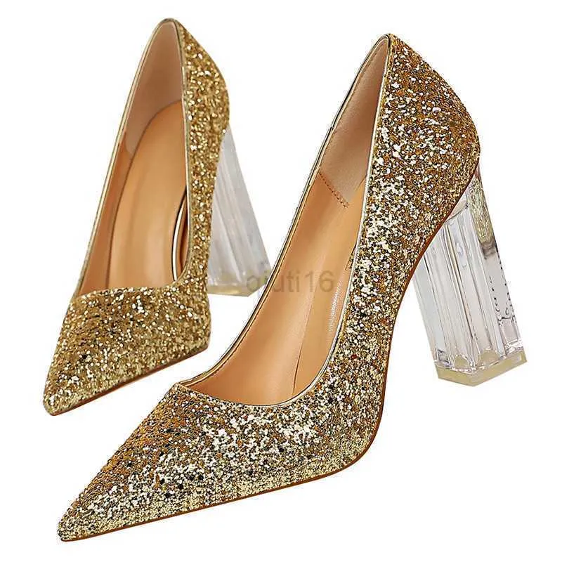 Zapatos de vestir 2023 de talla grande 43 mujeres bloque 10cm tacones altos señora Scarpins oro plata bloque tacones bombas mujer boda transparente zapato grueso