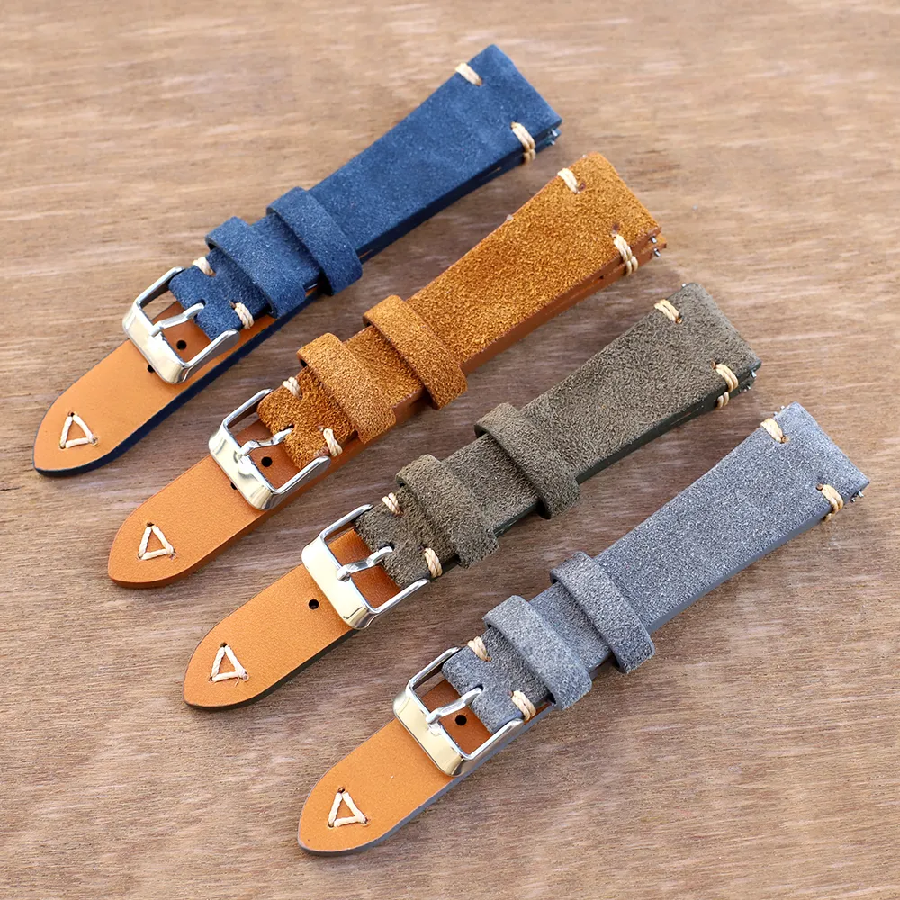 Watch Bands Vintage Suede Leather Watch Band 20mm 22mm Blue Brown Watch Strap Replacement Wristband Handmade Stitching Watchband 230728